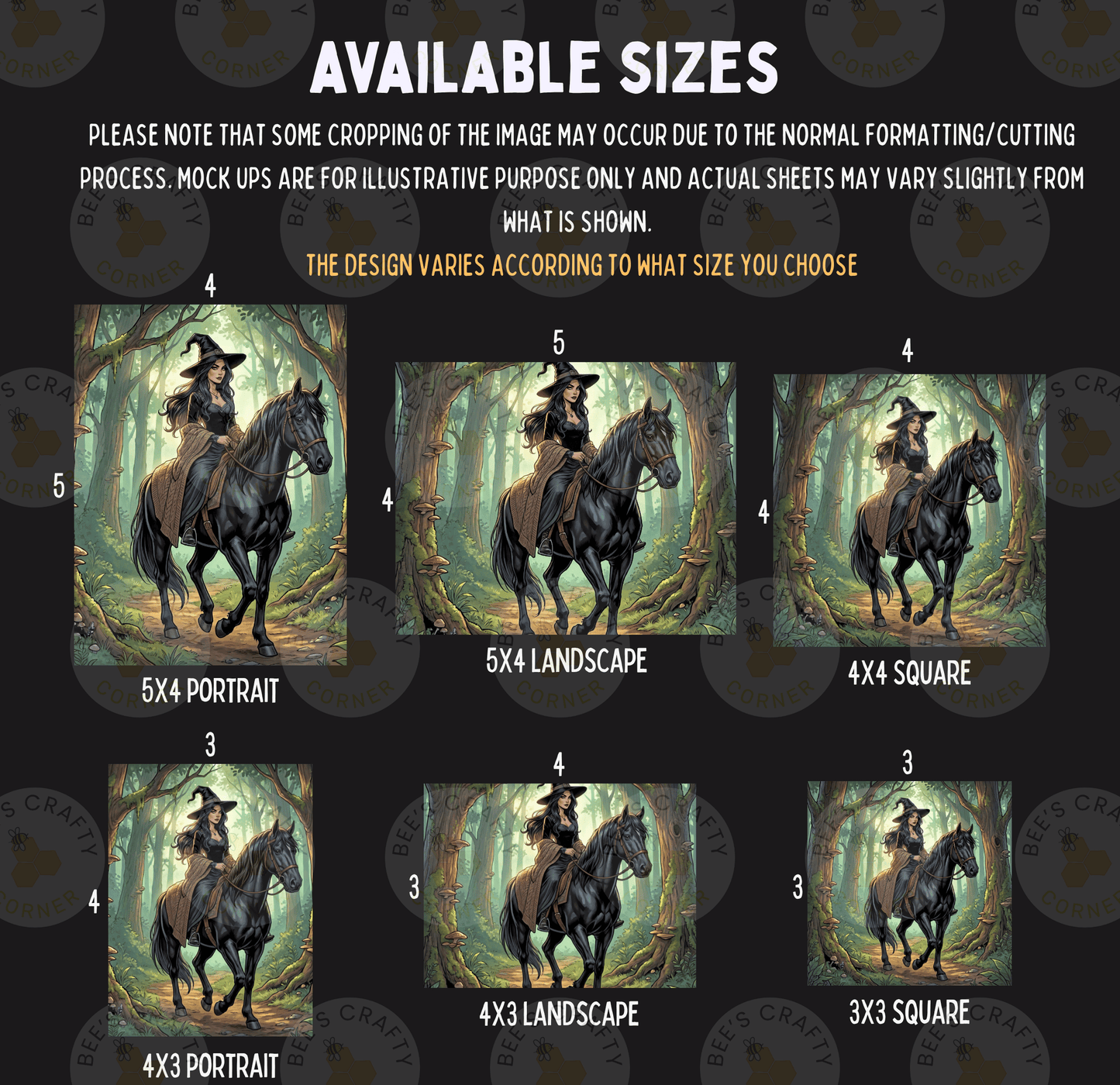 six different sizes of the same artwork, depicting a woman riding a horse through a forest.