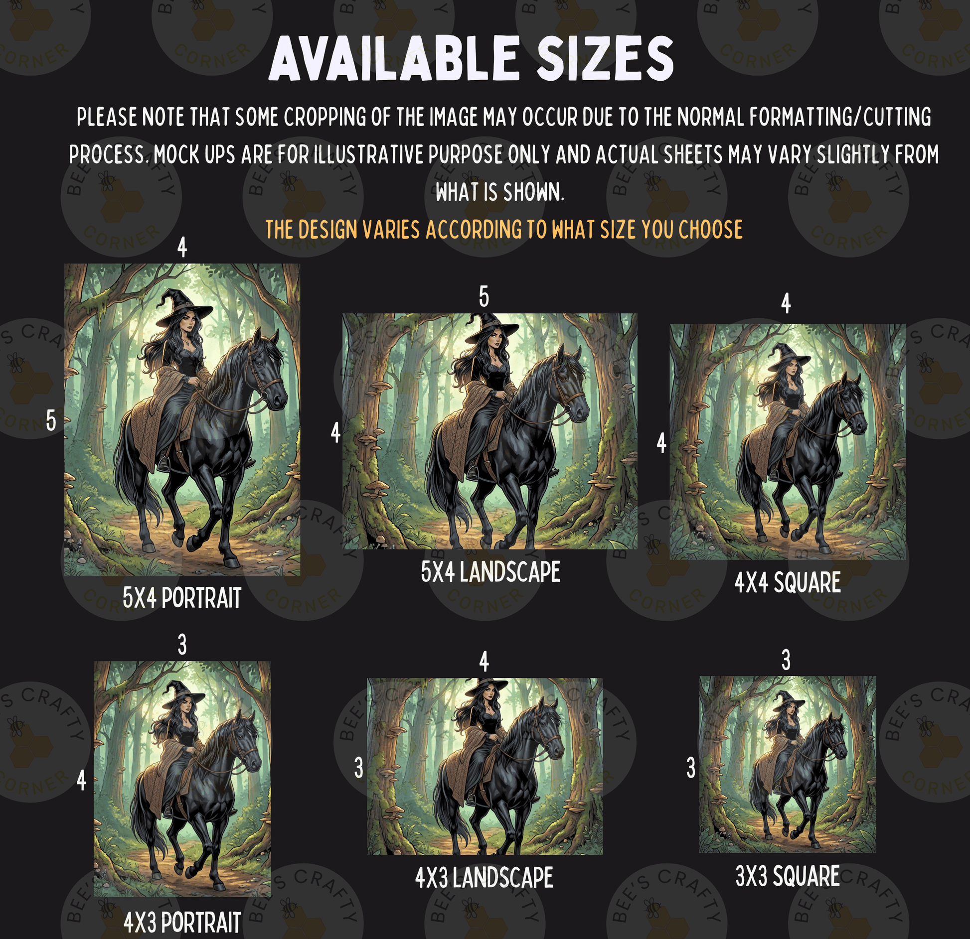 six different sizes of the same artwork, depicting a woman riding a horse through a forest.