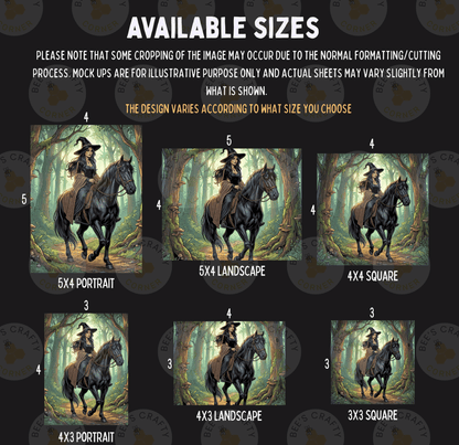 six different sizes of the same artwork, depicting a woman riding a horse through a forest.