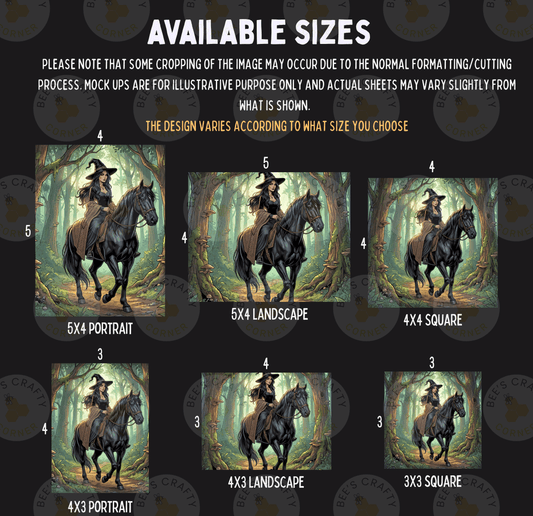 six different sizes of the same artwork, depicting a woman riding a horse through a forest.