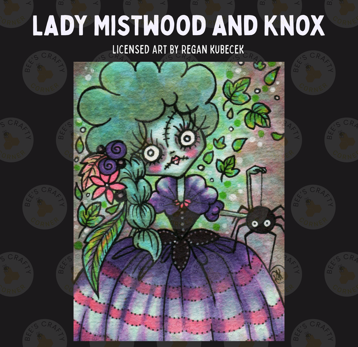 The image is a colorful illustration featuring a woman with green hair and a purple dress, surrounded by various elements such as flowers, leaves, and a spider.