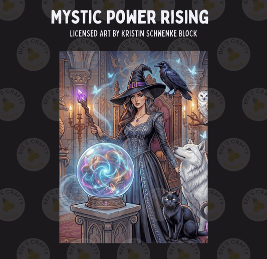 The image is a digital illustration featuring a woman dressed as a witch, surrounded by various magical elements such as a crystal ball, a wolf, and a black cat.