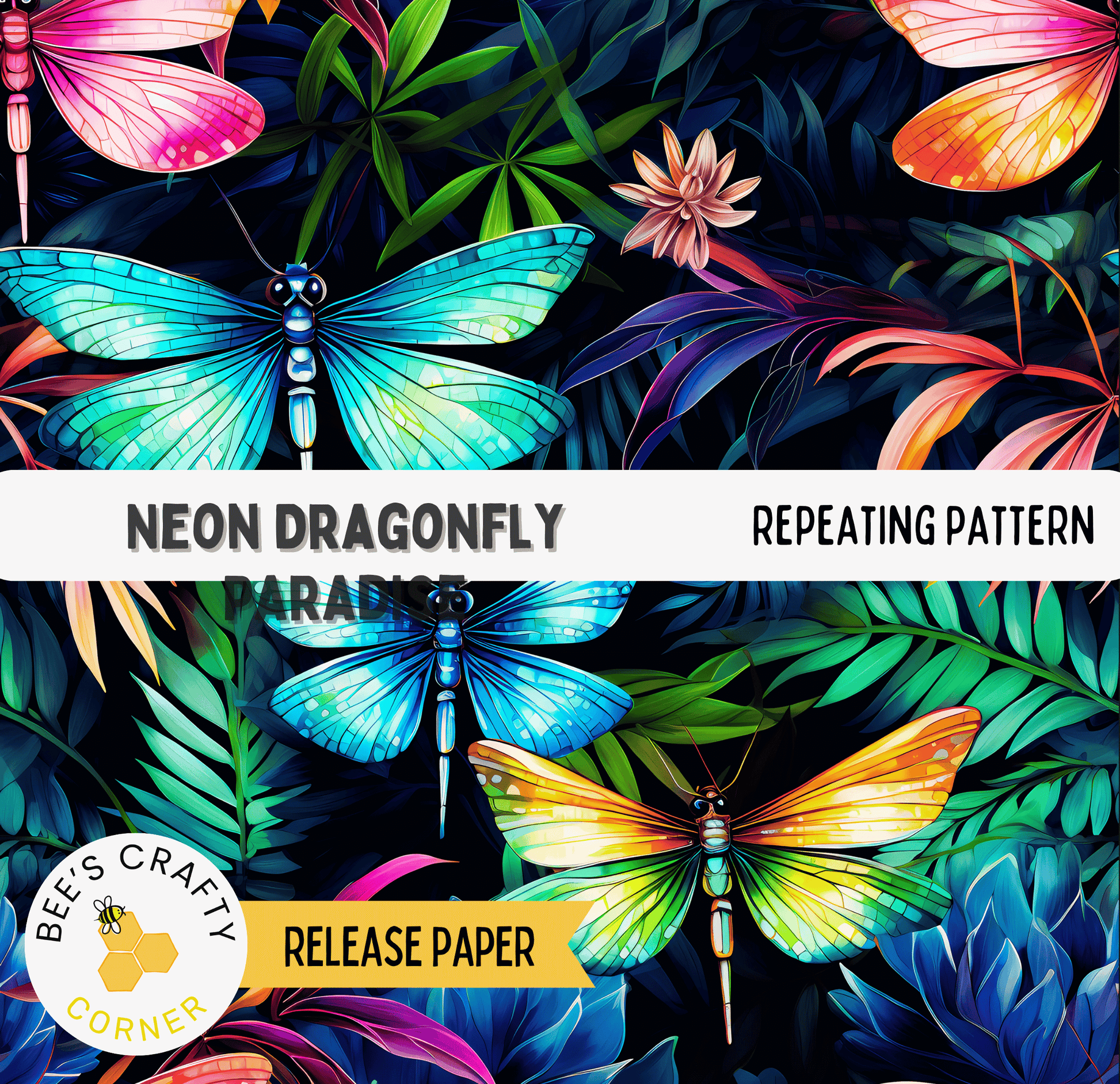 The image is a vibrant and colorful collage featuring neon-colored dragonflies and tropical foliage, including flowers and leaves, creating a visually striking and dynamic scene.