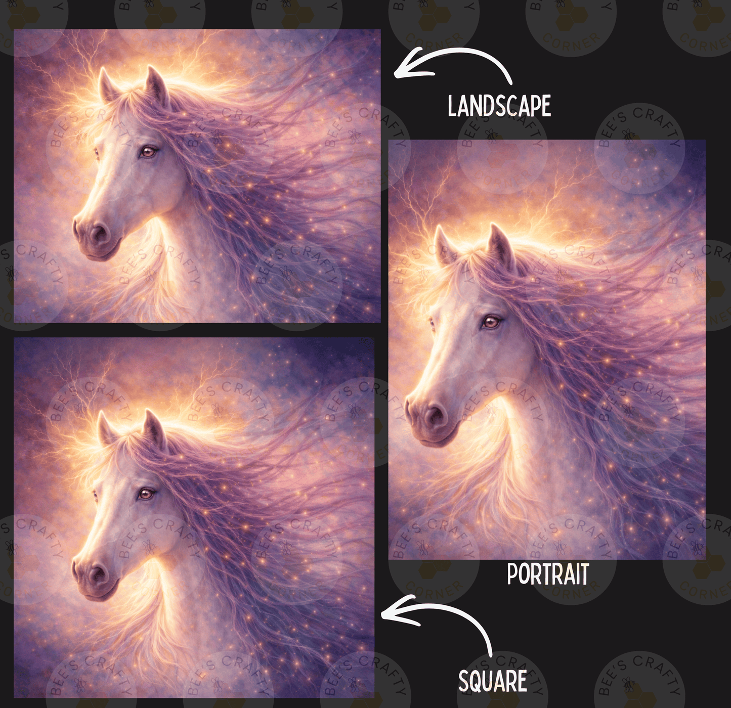 The image is a collage of three images depicting a white horse with flowing, golden hair against a backdrop of a purple and orange sky. The images are labeled "Landscape" and "Portrait" to indicate their artistic styles.