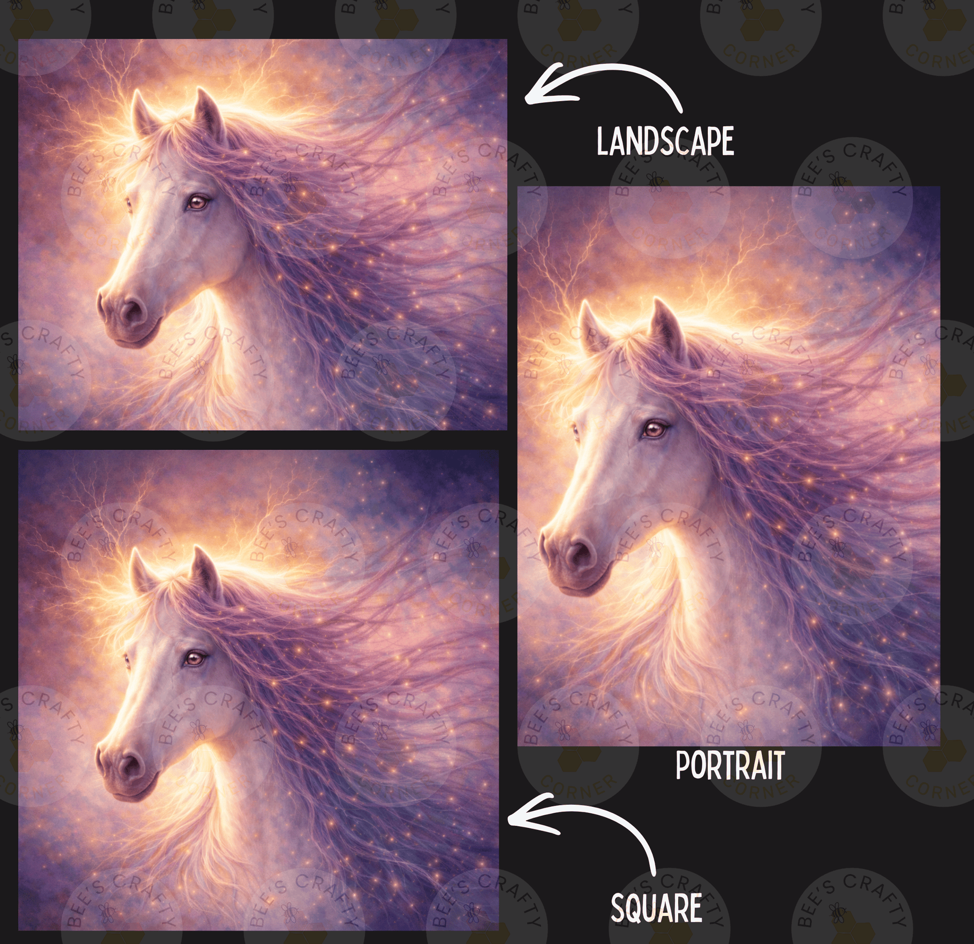 The image is a collage of three images depicting a white horse with flowing, golden hair against a backdrop of a purple and orange sky. The images are labeled "Landscape" and "Portrait" to indicate their artistic styles.