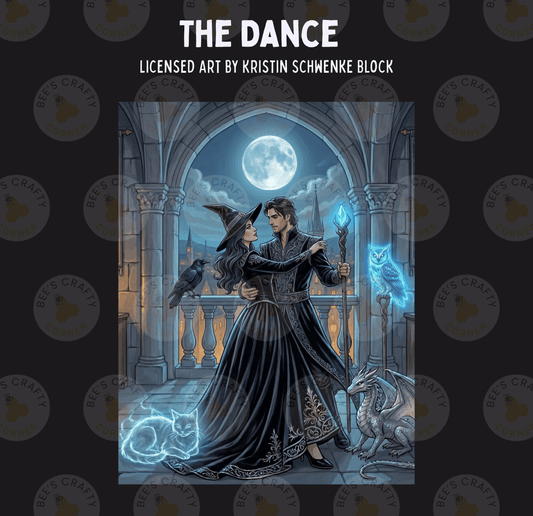 The image is a digital illustration depicting a couple in a romantic embrace, surrounded by a dragon, a cat, and a bird, all under a moonlit sky.
