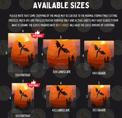 various sizes of dragon-themed images, including a 5x4 portrait, a 5x4 landscape, a 4x3 square, and a 4x3 portrait. The images are marked with "BEST CHOICE" labels, indicating the best option among the available sizes.