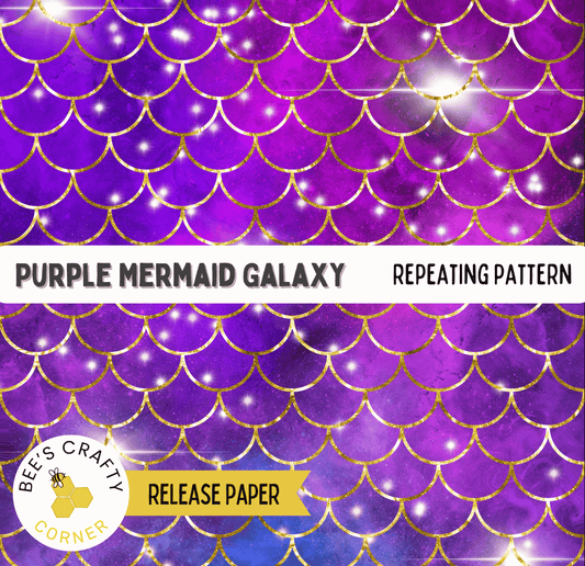 The image is a repeating pattern of purple mermaid scales, with a glittery purple background and gold accents. The pattern is described as a "Purple mermaid galaxy" and a "repeating pattern" release paper.