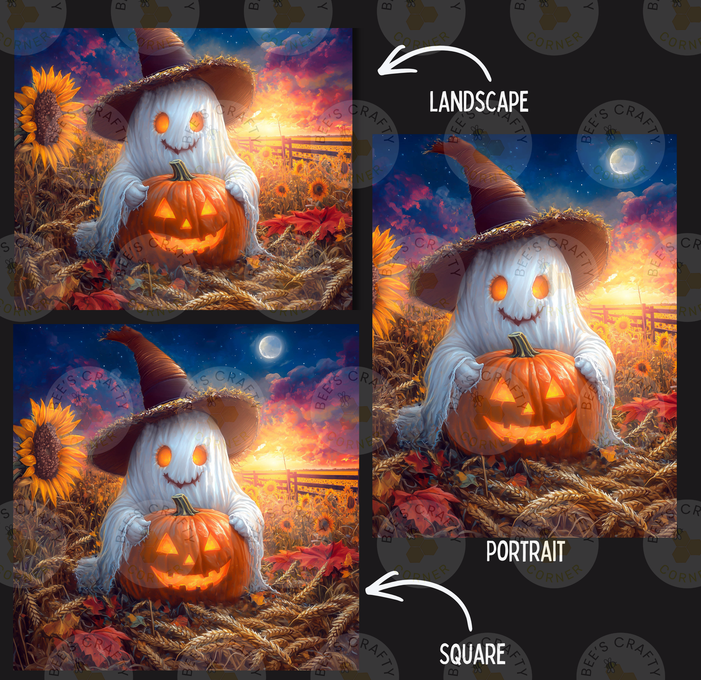 The image is a collage of three pictures depicting a ghost holding a carved pumpkin in a Halloween-themed landscape.