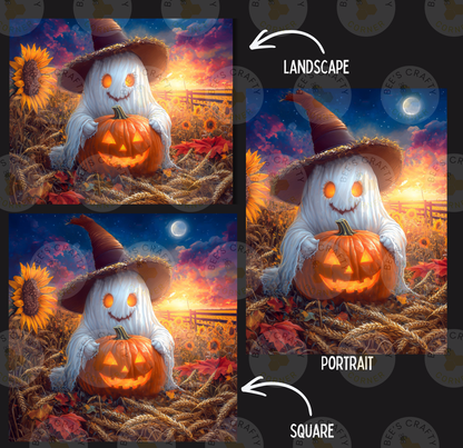The image is a collage of three pictures depicting a ghost holding a carved pumpkin in a Halloween-themed landscape.