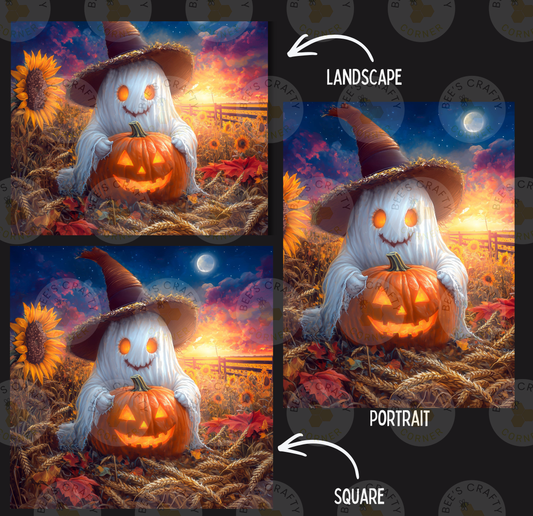 The image is a collage of three pictures depicting a ghost holding a carved pumpkin in a Halloween-themed landscape.