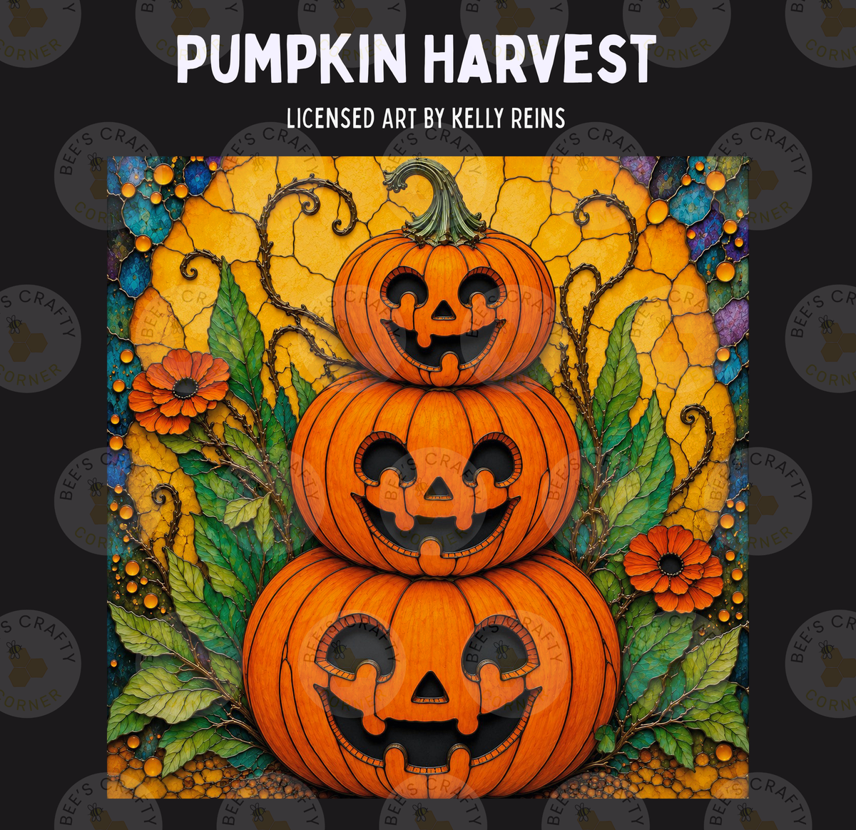 The image is a vibrant and detailed illustration of a pumpkin harvest, featuring three jack-o'-lanterns with carved faces and a spooky, autumnal background.