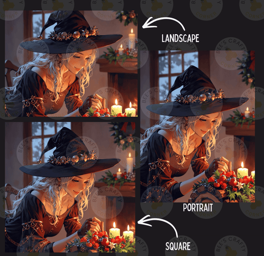 The image is a collage of three photos featuring a woman dressed as a witch, with candles and berries in the background. The woman is shown in different poses, such as sitting and standing, and the lighting and background elements vary in each photo. The collage includes a landscape photo, a portrait photo, and a square photo, with arrows indicating the direction of the viewer's attention.