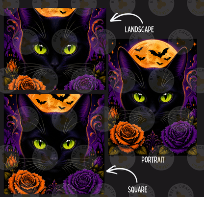 The image is a collage of two images featuring a black cat with glowing green eyes, surrounded by Halloween-themed elements such as bats, flowers, and a full moon.