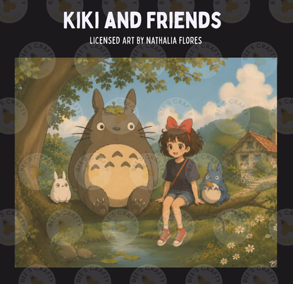 The image is a painting depicting a scene from the animated film "Kiki and Friends", featuring a young girl sitting on a tree branch with various characters from the film, including a large cat-like creature, a blue rabbit, and a blue bird-like creature.