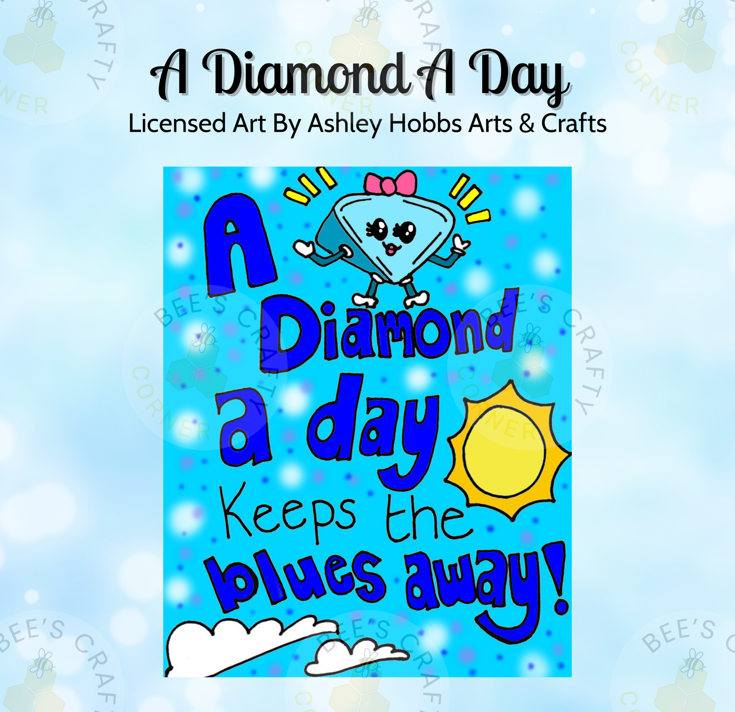 The image is a colorful poster with a cartoon character and text, featuring a diamond-shaped character with a sun and clouds in the background.