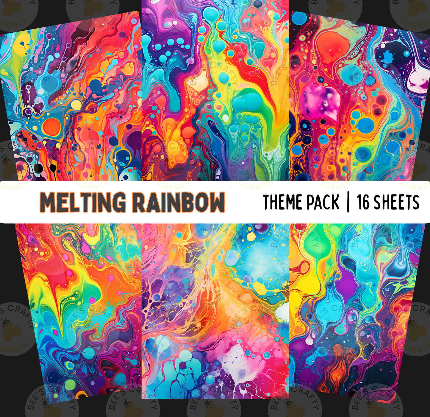 The image is a vibrant and colorful abstract painting with swirling patterns and shapes in various bright and vivid colors, including shades of red, orange, yellow, green, blue, and purple. The painting appears to be a collage of multiple images, with the text "MELTING RAINBOW" and "THEME PACK | 16 SHEETS" indicating that this is a theme pack containing 16 sheets of this abstract art style.