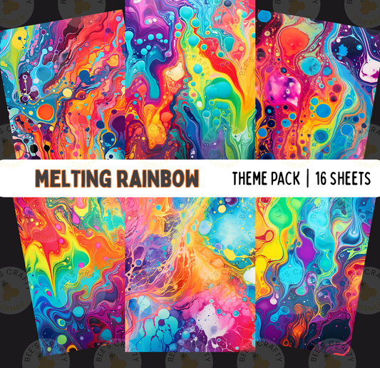 The image is a vibrant and colorful abstract painting with swirling patterns and shapes in various bright and vivid colors, including shades of red, orange, yellow, green, blue, and purple. The painting appears to be a collage of multiple images, with the text "MELTING RAINBOW" and "THEME PACK | 16 SHEETS" indicating that this is a theme pack containing 16 sheets of this abstract art style.