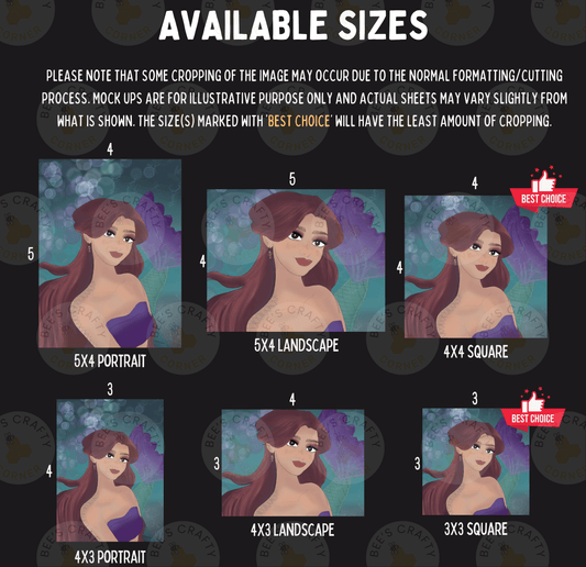 The image is a collage of six different sizes of illustrations of a woman, each depicting a different style or pose. The sizes range from 5x4 to 5x3, and the illustrations are labeled with the corresponding size.