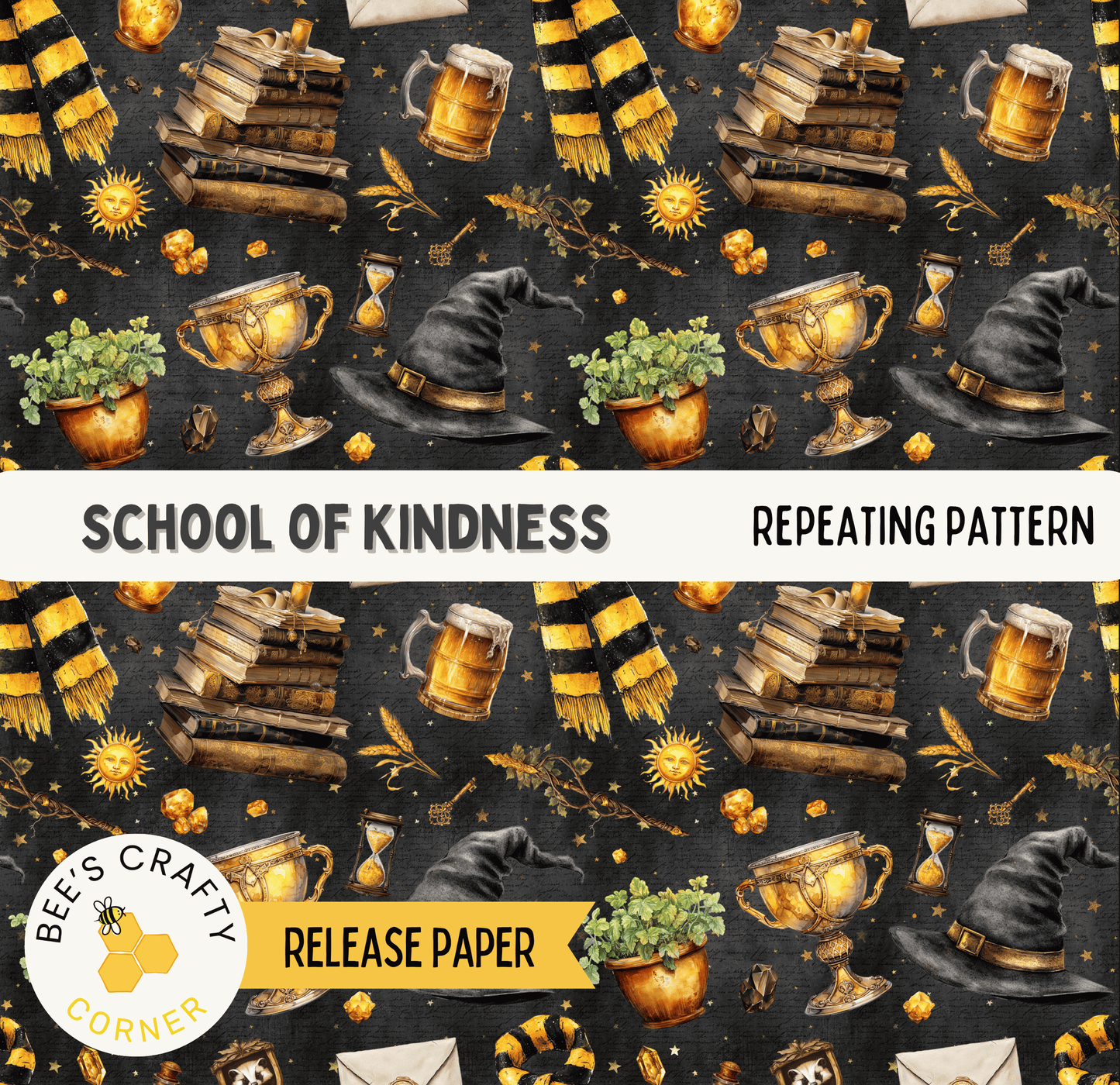 The image is a repeating pattern of various objects and symbols associated with the "School of Kindness" theme, including books, a hat, a cup, a plant, and other decorative elements.