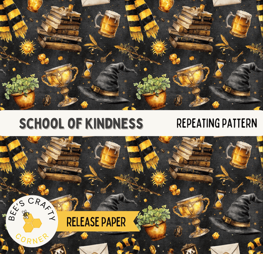The image is a repeating pattern of various objects and symbols associated with the "School of Kindness" theme, including books, a hat, a cup, a plant, and other decorative elements.