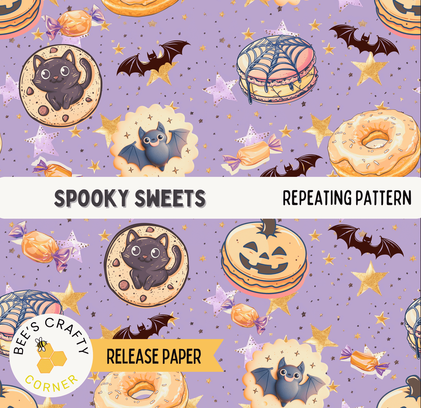 The image is a repeating pattern of Halloween-themed items, including bats, pumpkins, donuts, and cats, all set against a purple background with stars and other Halloween decorations.