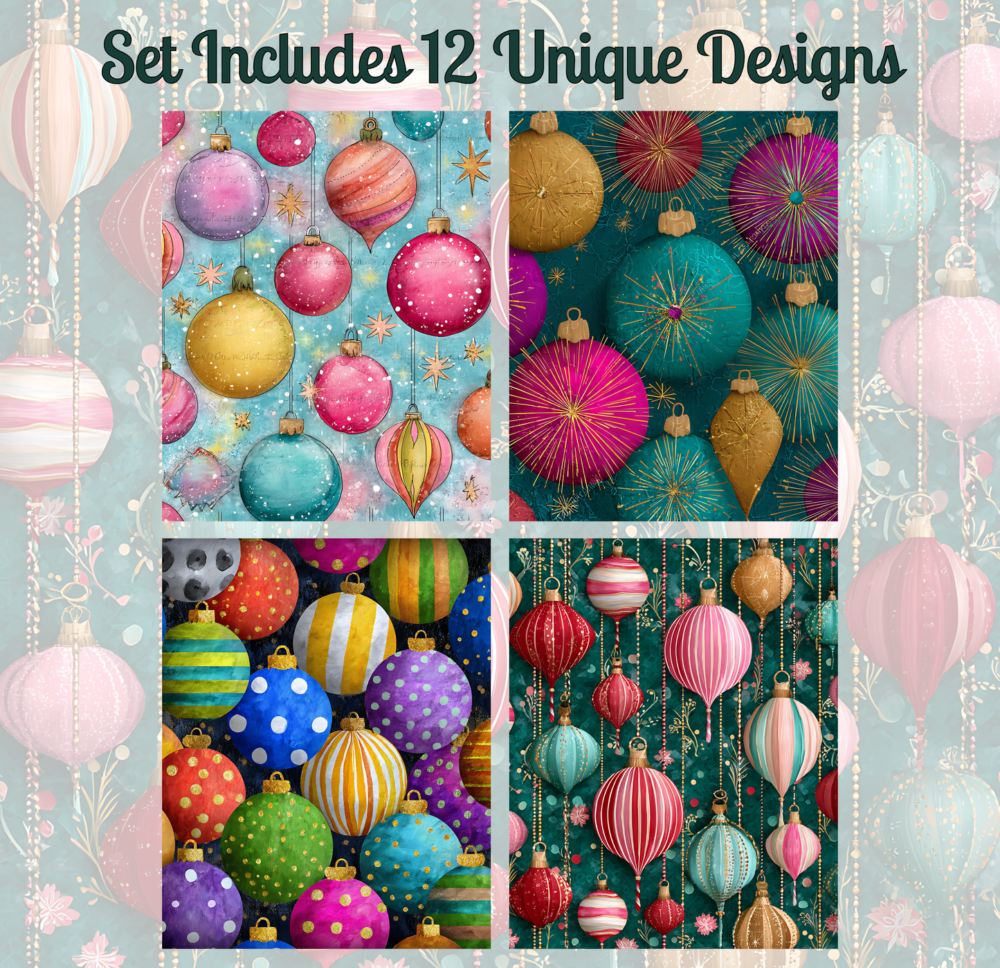 a collage of four different designs featuring a variety of colorful and unique Christmas ornaments, including stars, stripes, and polka dots, as well as a festive background with a Christmas tree and ornaments.