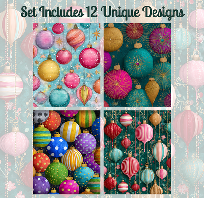 a collage of four different designs featuring a variety of colorful and unique Christmas ornaments, including stars, stripes, and polka dots, as well as a festive background with a Christmas tree and ornaments.