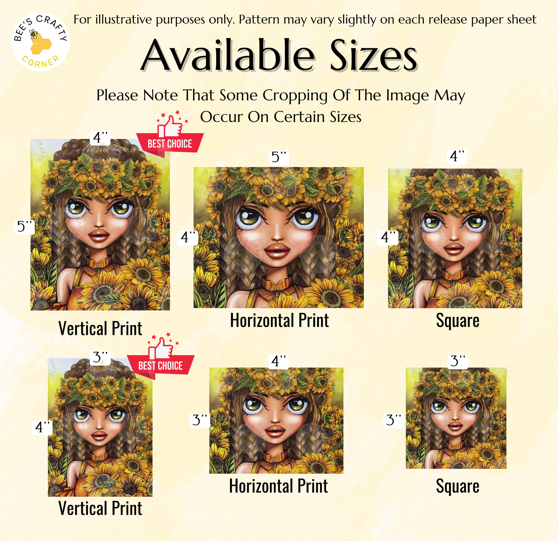 The image is a collage of six different sizes of illustrations featuring a woman with a flower crown. The illustrations are labeled with their respective sizes, including "Vertical Print", "Horizontal Print", " Square", "Vertical Print", and "Horizontal Print". The sizes vary from 3" to 4" in increments of 3, and the illustrations are described as "Best Choice" for each size.