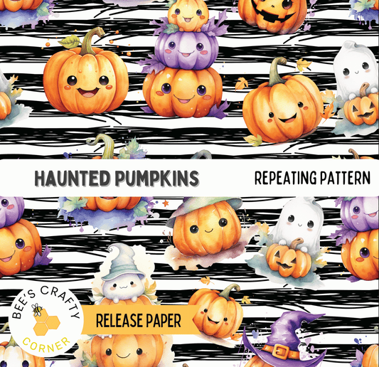 The image is a repeating pattern of various Halloween-themed pumpkins and a ghost, including a witch's hat, against a striped background.