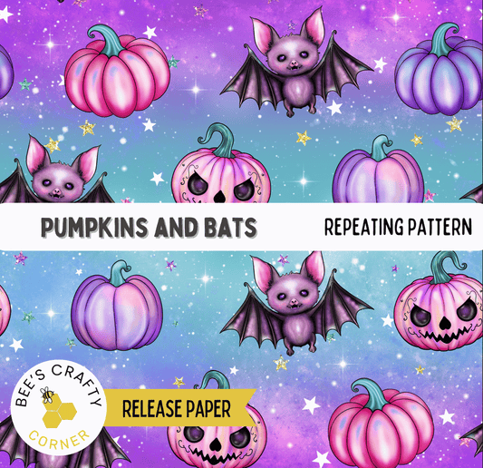 The image is a repeating pattern featuring pumpkins and bats against a starry night sky background.