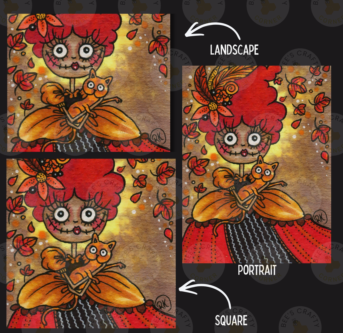 The image is a collage of three images depicting a woman with a cat, each with different styles and color schemes. The collage includes a landscape, a portrait, and a square image.
