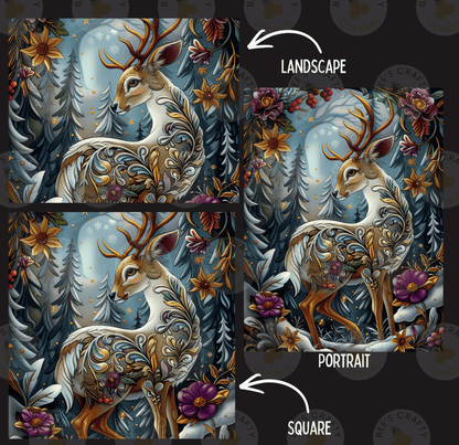 The image is a collage of three pictures featuring a deer with intricate floral patterns and a forest background. The deer is surrounded by various flowers and plants, creating a vibrant and detailed landscape. The collage includes a landscape and a portrait of the deer, showcasing the artistic skill and attention to detail in the artwork.