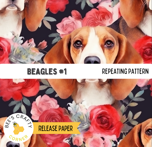 The image is a repeating pattern of beagle dogs with a floral background.