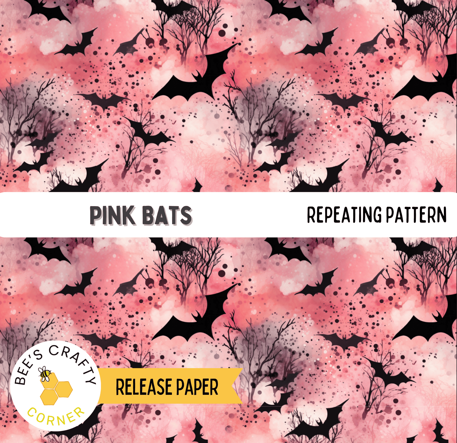 The image is a repeating pattern of pink bats against a pink and black background.