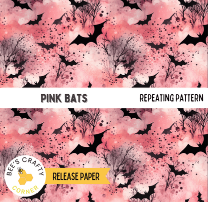 The image is a repeating pattern of pink bats against a pink and black background.