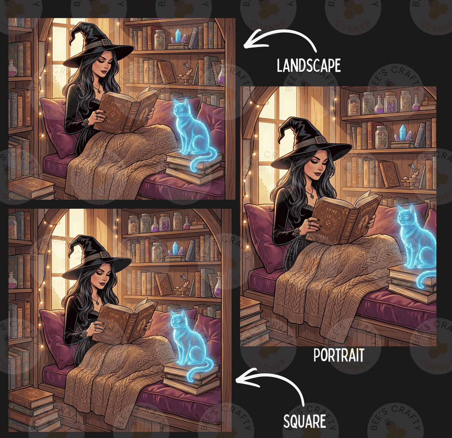 The image is a collage of three pictures depicting a woman in a witch's hat reading a book, with a cat sitting on her lap and a ghostly figure appearing to appear from behind her.