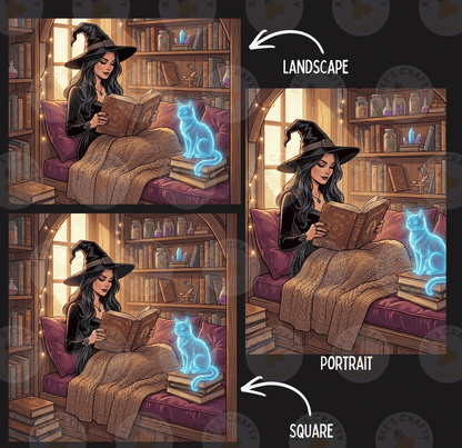 The image is a collage of three pictures depicting a woman in a witch's hat reading a book, with a cat sitting on her lap and a ghostly figure appearing to appear from behind her.