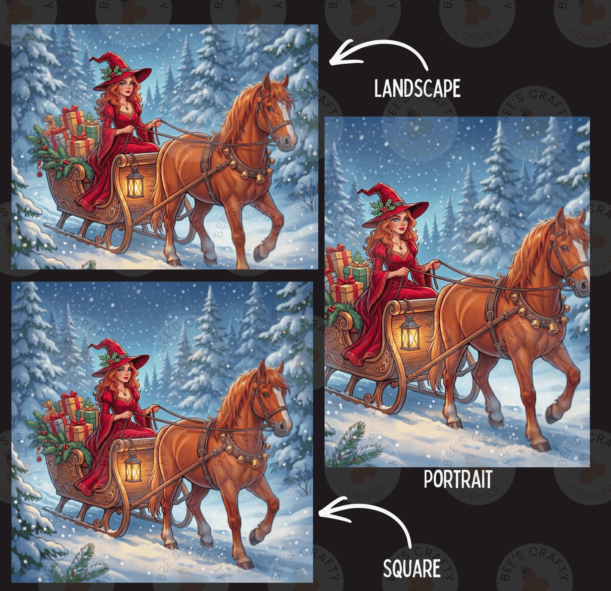 The image is a collage of three pictures depicting a woman in a red dress riding a horse-drawn sleigh through a snowy landscape.