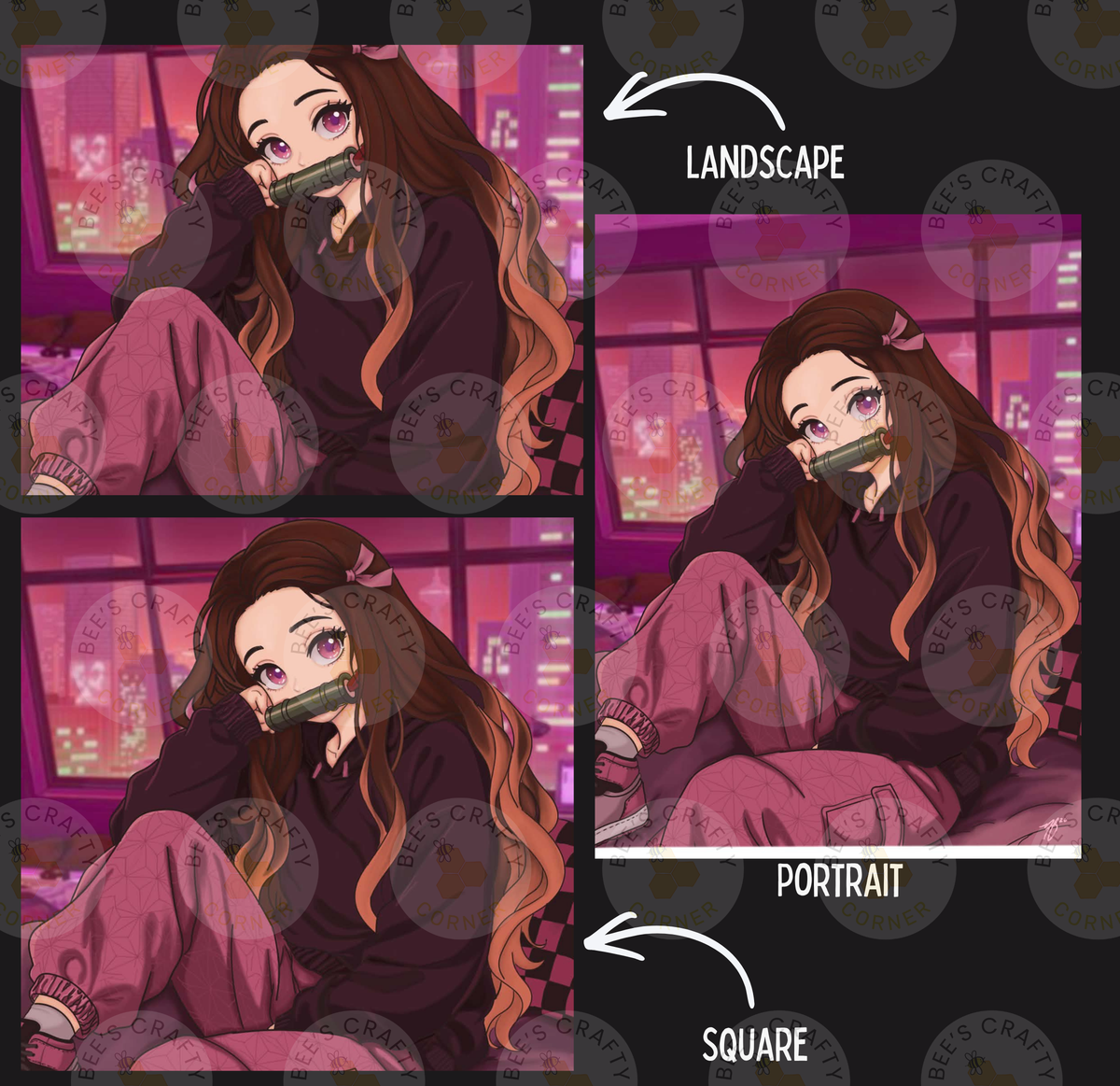 The image is a collage of three images depicting a young woman with long brown hair and a purple outfit. The collage includes two square images and one landscape image, each showing the woman in different poses.