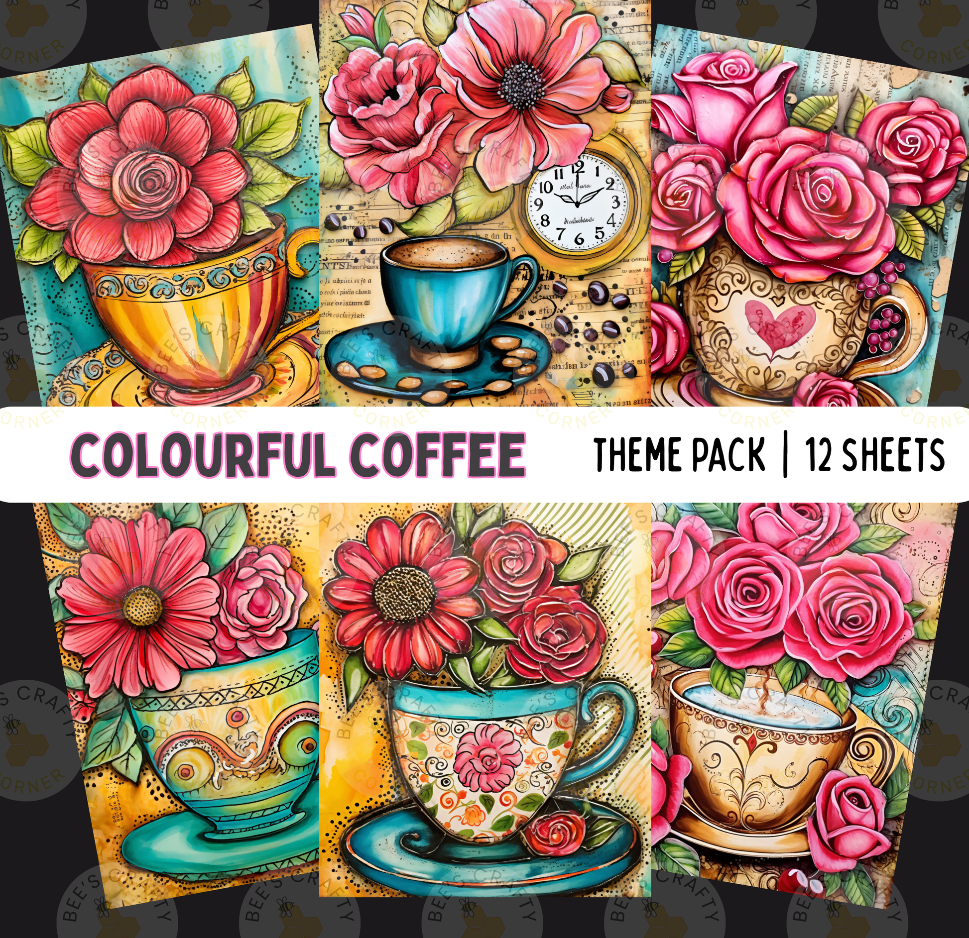 The image is a collage of six colorful coffee-themed illustrations, each featuring a cup of coffee with various flowers and decorative elements.