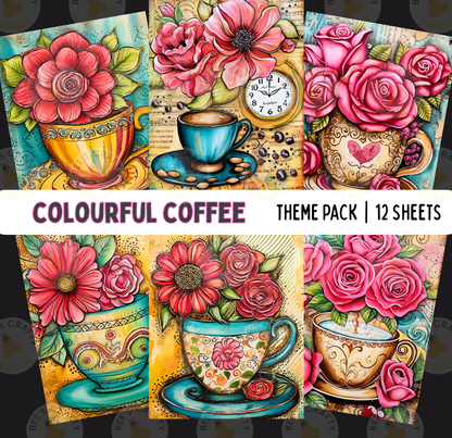 The image is a collage of six colorful coffee-themed illustrations, each featuring a cup of coffee with various flowers and decorative elements.
