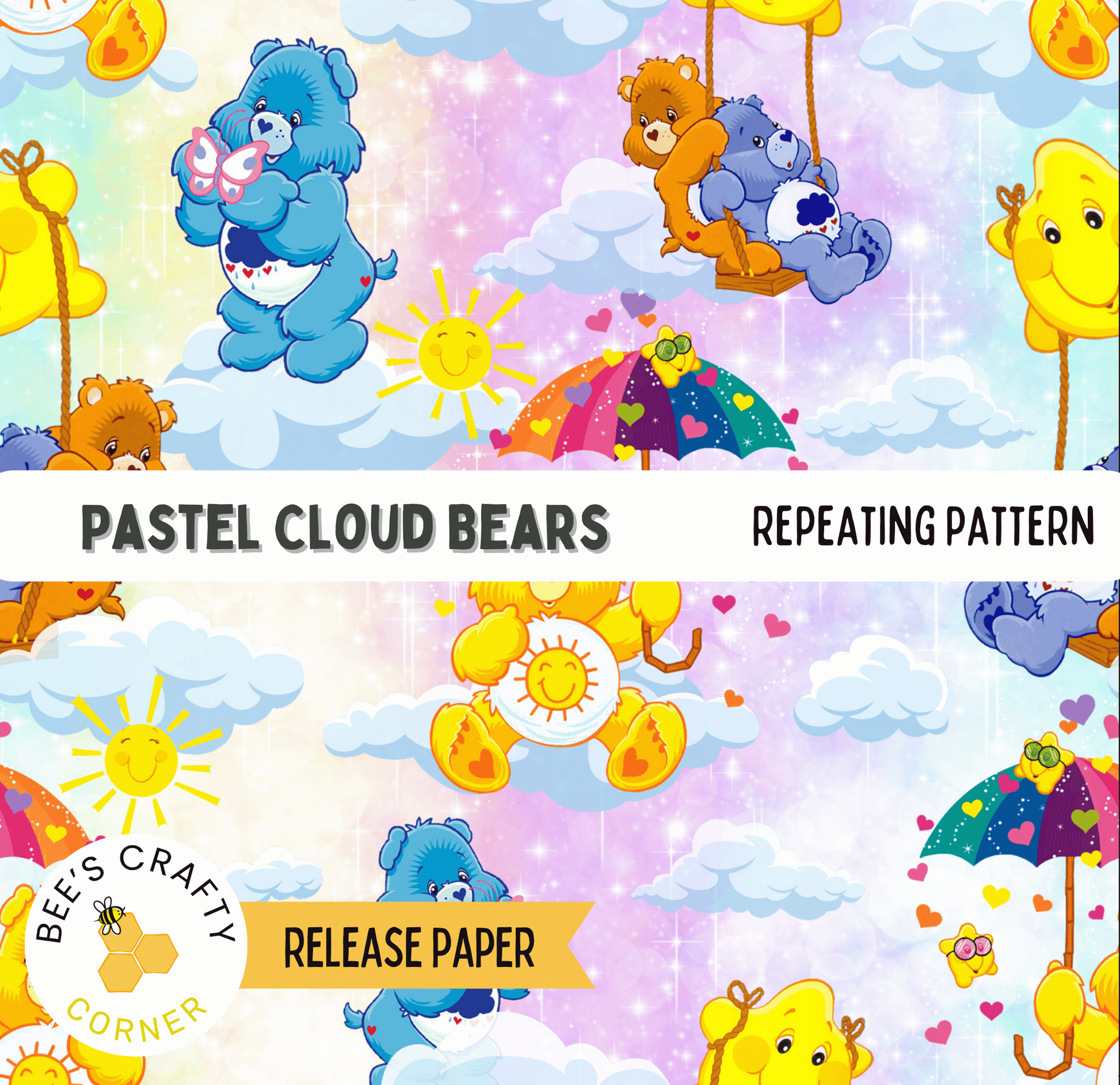 The image is a repeating pattern of pastel-colored cloud bears and other whimsical elements, such as umbrellas, stars, and rainbows, creating a cheerful and playful atmosphere.