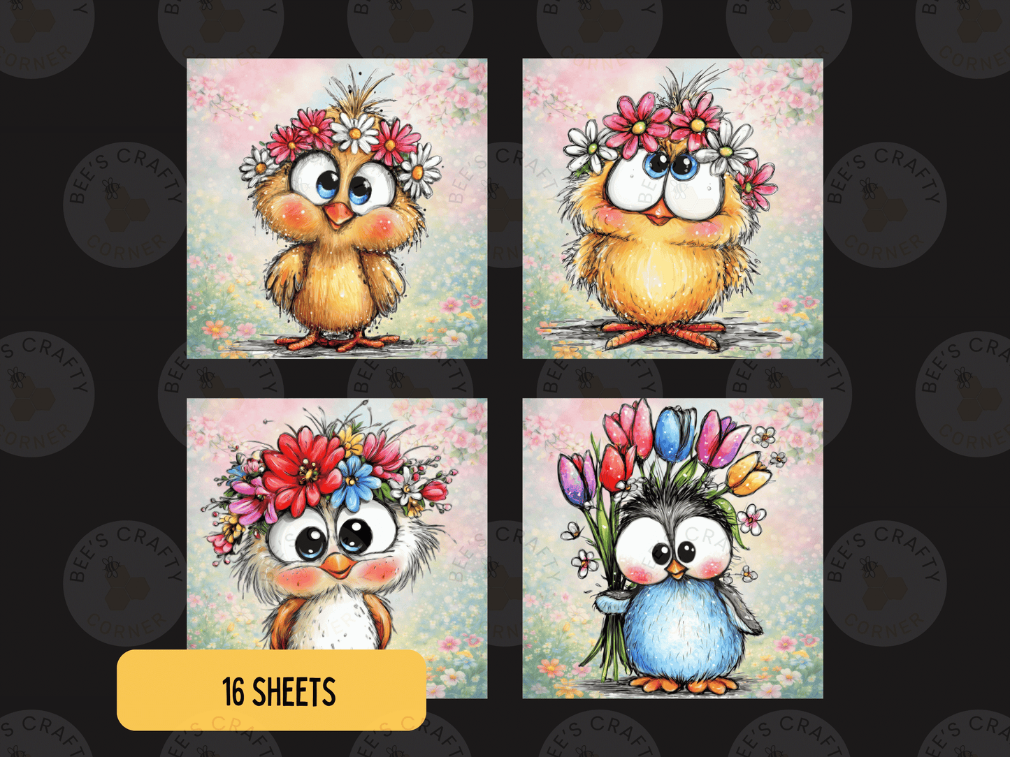 The image is a collage of four square images depicting cute cartoon chicks with flower crowns.