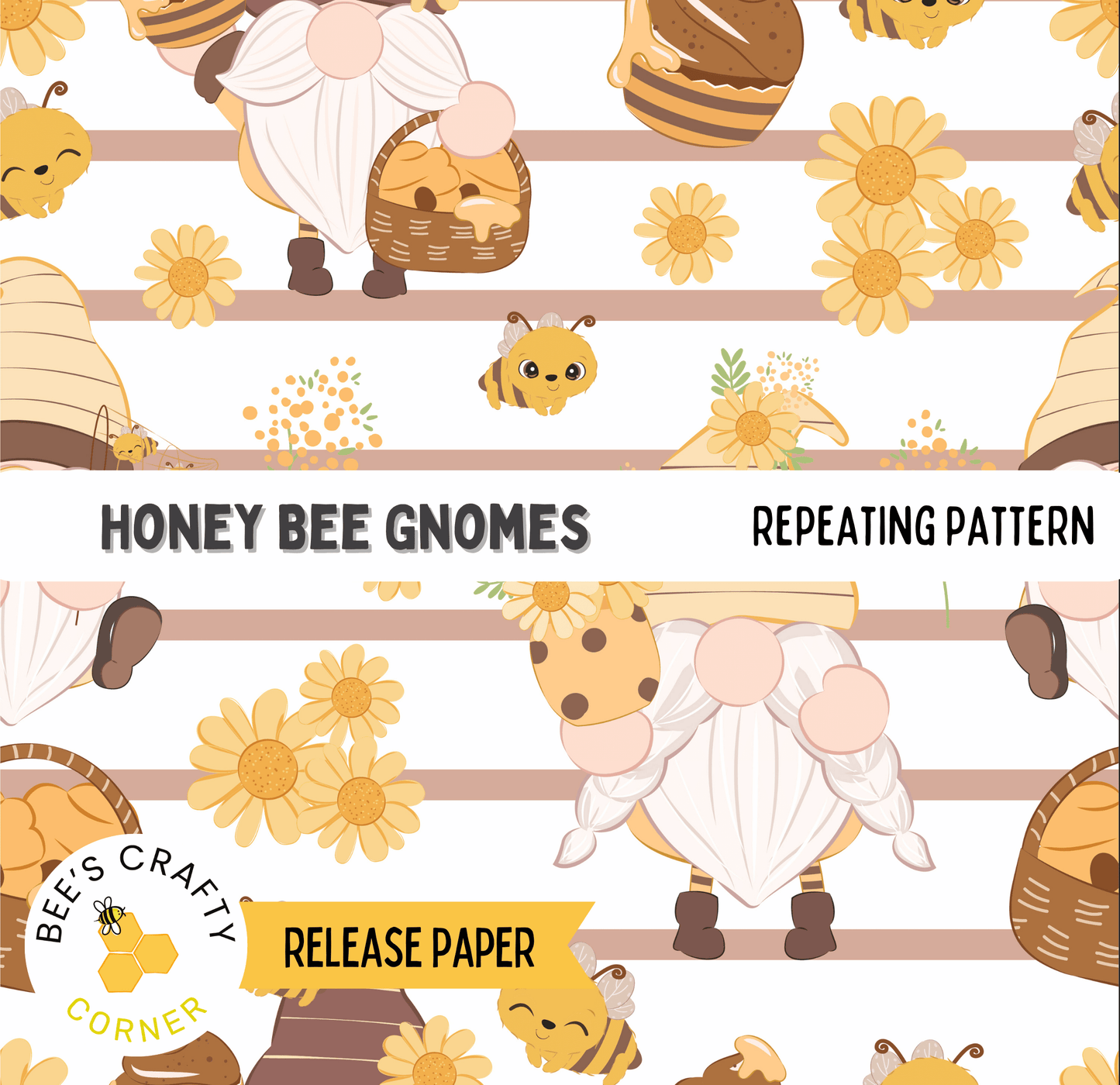 The image is a repeating pattern of honey bee gnomes, featuring various gnomes with baskets and flowers. The pattern includes gnomes with beehives, flowers, and honeycombs. The text "HONEY BEEE Gnomes" is displayed prominently, and the phrase "REPEATING PATTERN" is also visible. The release paper is labeled as "RELEASE PAPER" and the corner logo is present.