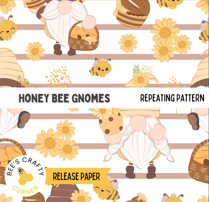 The image is a repeating pattern of honey bee gnomes, featuring various gnomes with baskets and flowers. The pattern includes gnomes with beehives, flowers, and honeycombs. The text "HONEY BEEE Gnomes" is displayed prominently, and the phrase "REPEATING PATTERN" is also visible. The release paper is labeled as "RELEASE PAPER" and the corner logo is present.