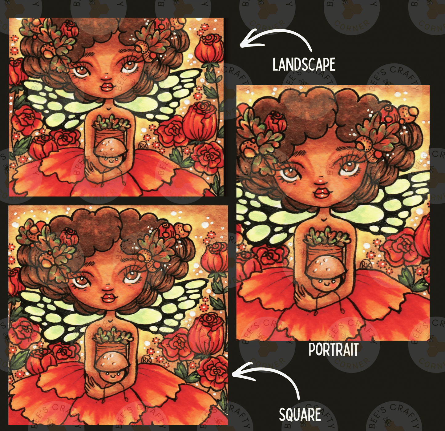 The image is a collage of three images depicting a young girl with curly hair and a flower crown, surrounded by a colorful floral background.