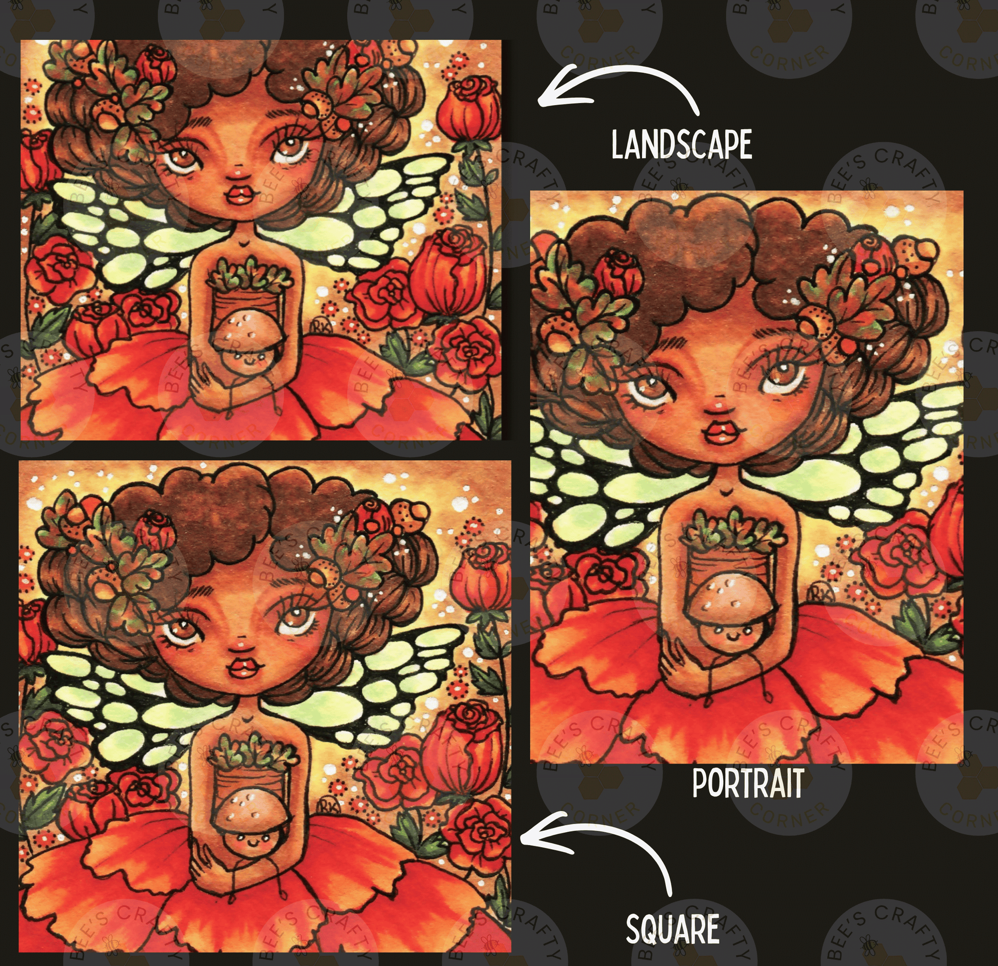 The image is a collage of three images depicting a young girl with curly hair and a flower crown, surrounded by a colorful floral background.