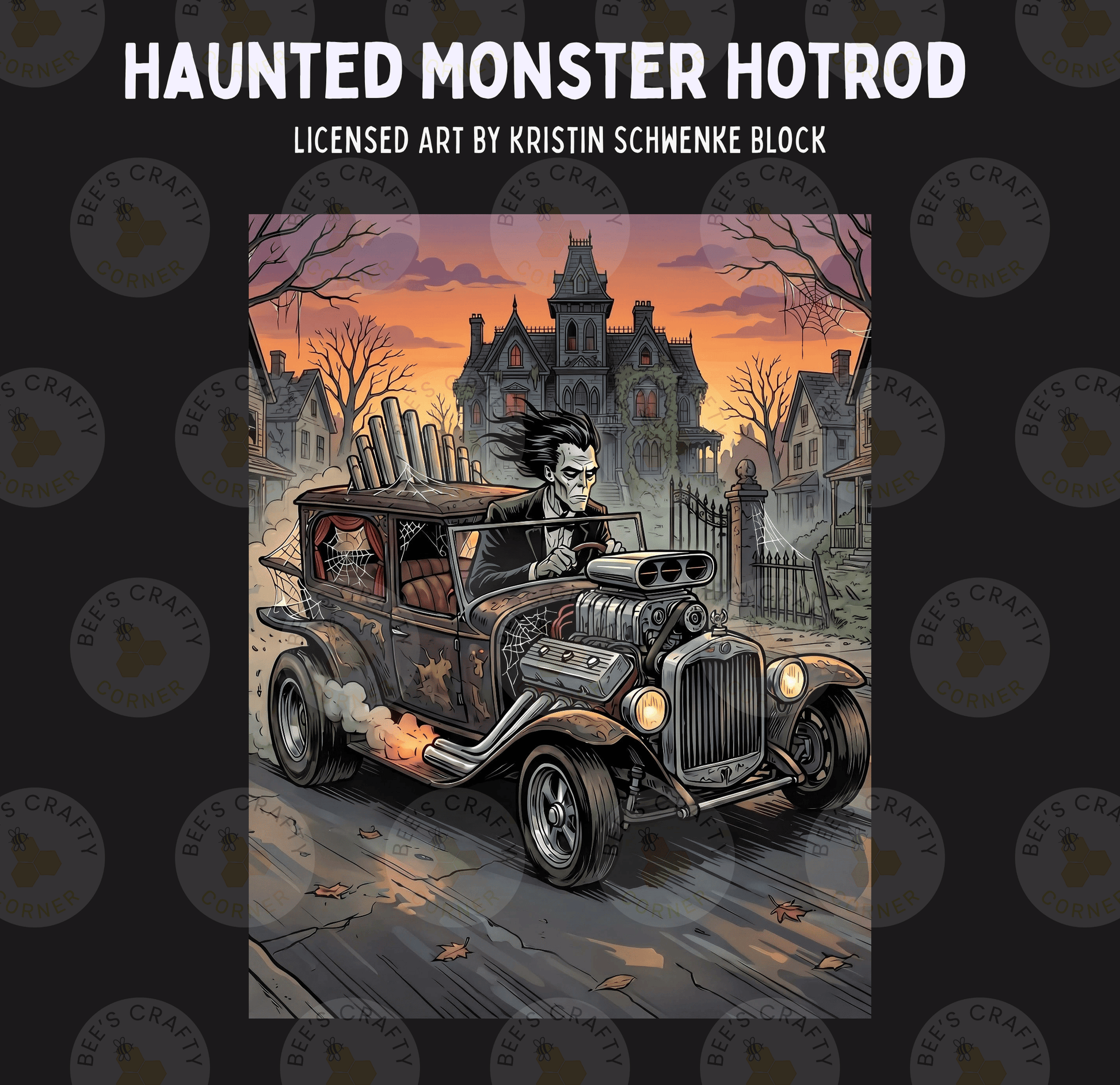 The image is a spooky illustration depicting a classic car with a ghostly figure driving it through a dark, eerie town at night.