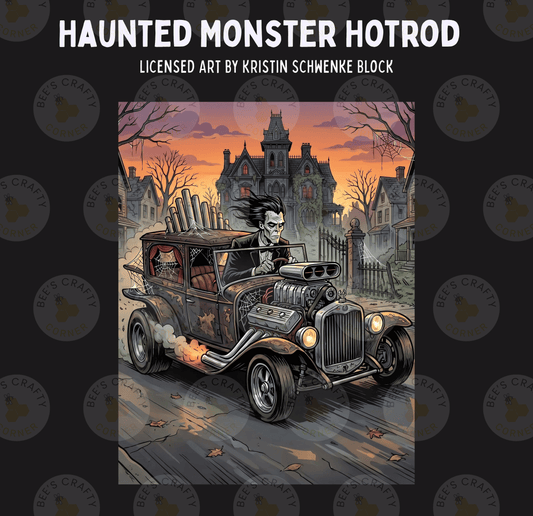 The image is a spooky illustration depicting a classic car with a ghostly figure driving it through a dark, eerie town at night.
